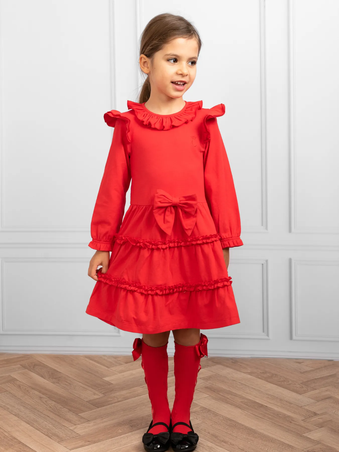 Long Sleeve Red Tiered Frill Dress With Bow