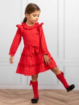 Long Sleeve Red Tiered Frill Dress With Bow