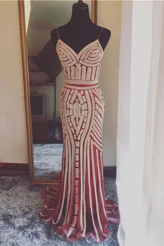 Luxurious Mermaid Spaghetti Straps V-Neck Sparkly Sweep Train Prom Party Dress