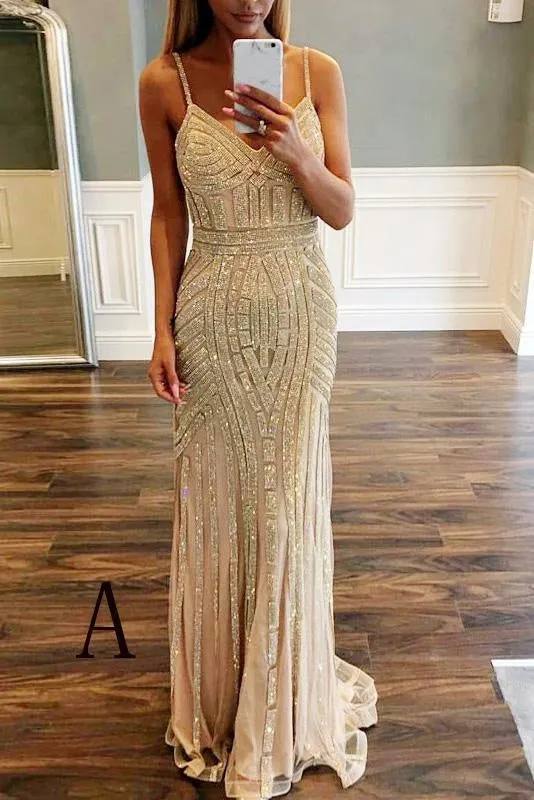 Luxurious Mermaid Spaghetti Straps V-Neck Sparkly Sweep Train Prom Party Dress