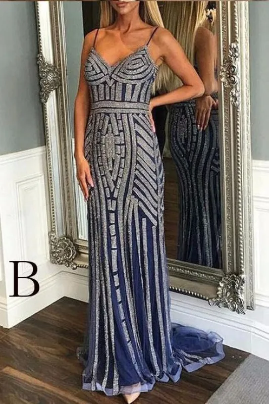 Luxurious Mermaid Spaghetti Straps V-Neck Sparkly Sweep Train Prom Party Dress