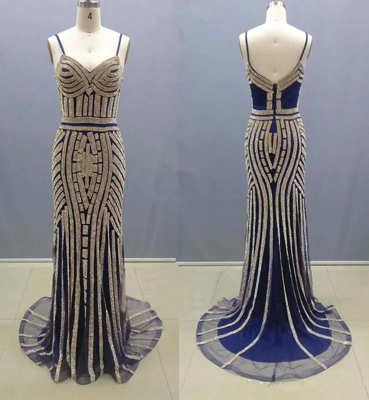 Luxurious Mermaid Spaghetti Straps V-Neck Sparkly Sweep Train Prom Party Dress