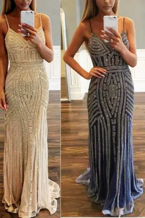 Luxurious Mermaid Spaghetti Straps V-Neck Sparkly Sweep Train Prom Party Dress