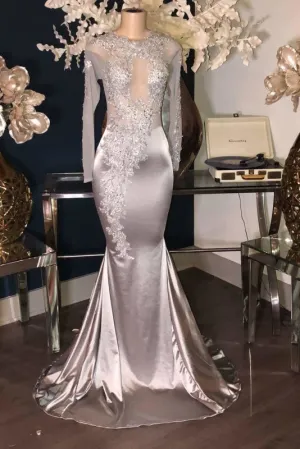 Luxury Sliver Long Sleeves Lace Appliques Mermaid Prom Dresses