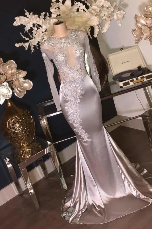 Luxury Sliver Long Sleeves Lace Appliques Mermaid Prom Dresses