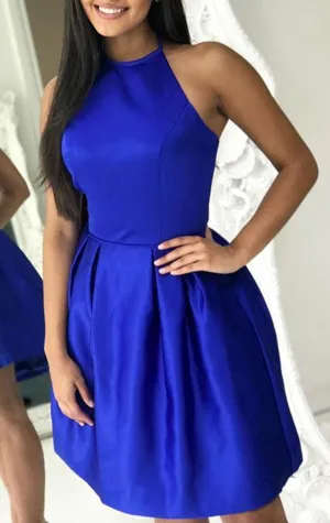 MACloth Halter Short Prom Homeocming Dress Royal Blue Wedding Party Dress