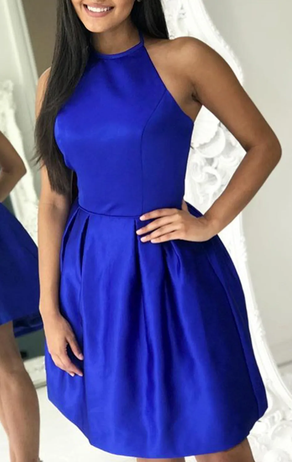 MACloth Halter Short Prom Homeocming Dress Royal Blue Wedding Party Dress
