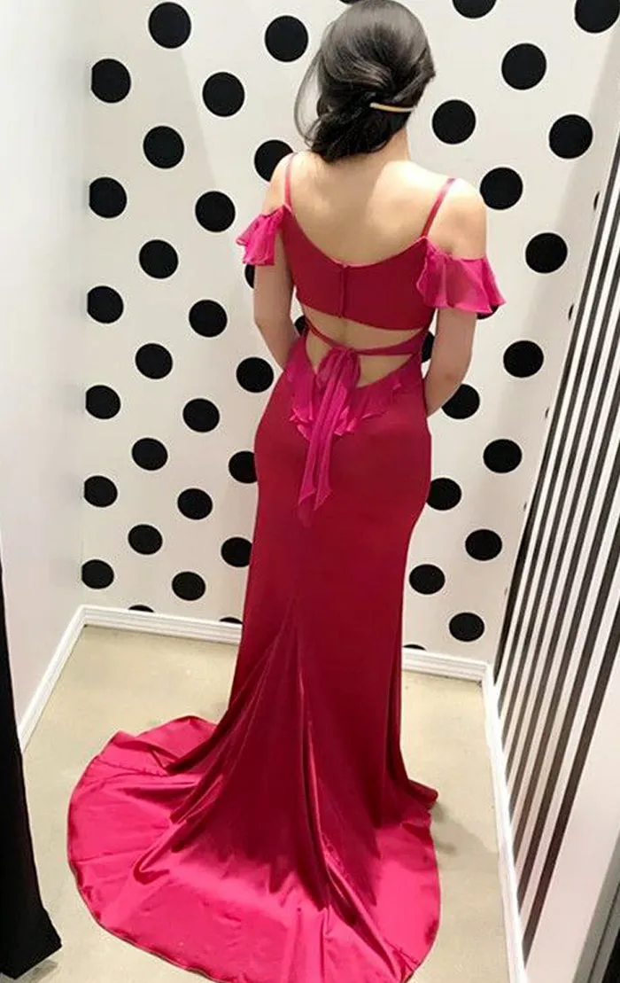 MACloth Off the Shoulder Sheath Long Prom Dress Fuchsia Formal Evening Gown