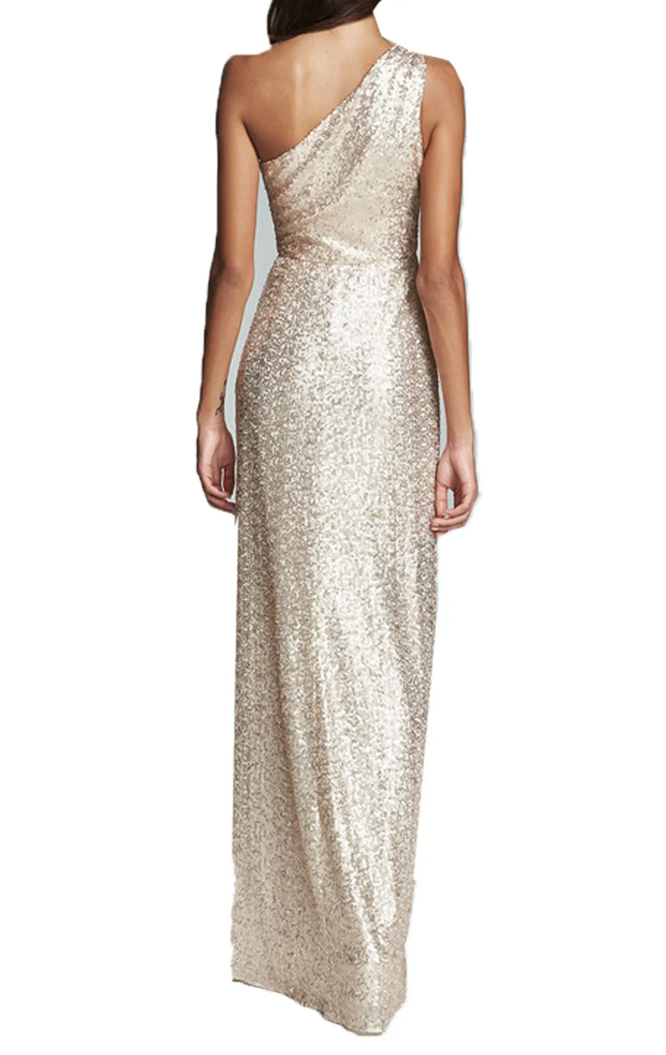 MACloth One Shoulder Sequin Long Prom Dress Champagne Formal Evening Gown