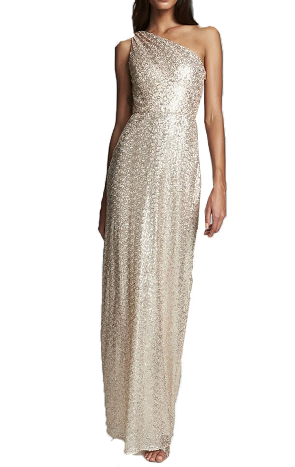 MACloth One Shoulder Sequin Long Prom Dress Champagne Formal Evening Gown