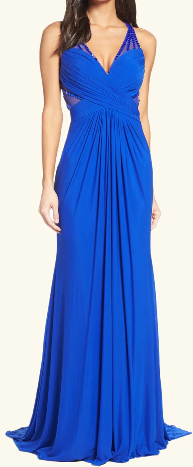 MACloth Sheath V Neck Long Prom Dress Blue Formal Evening Gown