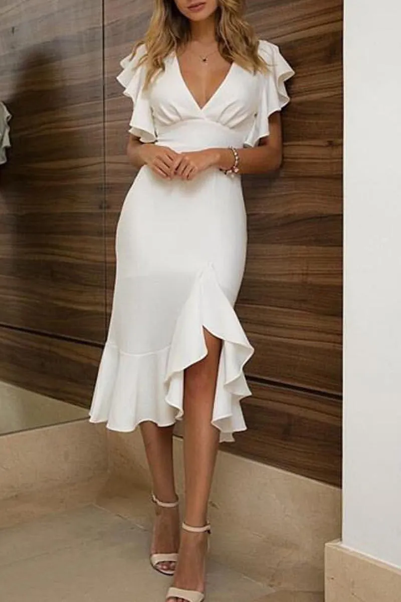 MACloth Short Sleeves with Ruffled Midi Cocktail Party Dress Ivory Wedding Party Dress