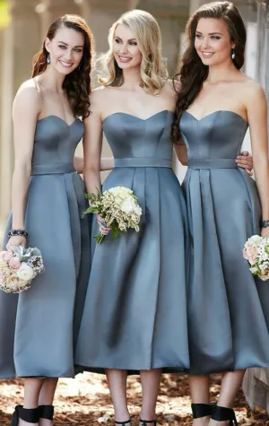 MACloth Strapless Sweetheat Satin Midi Cocktail Dress Grey Wedding Bridesmaid Formal Gown