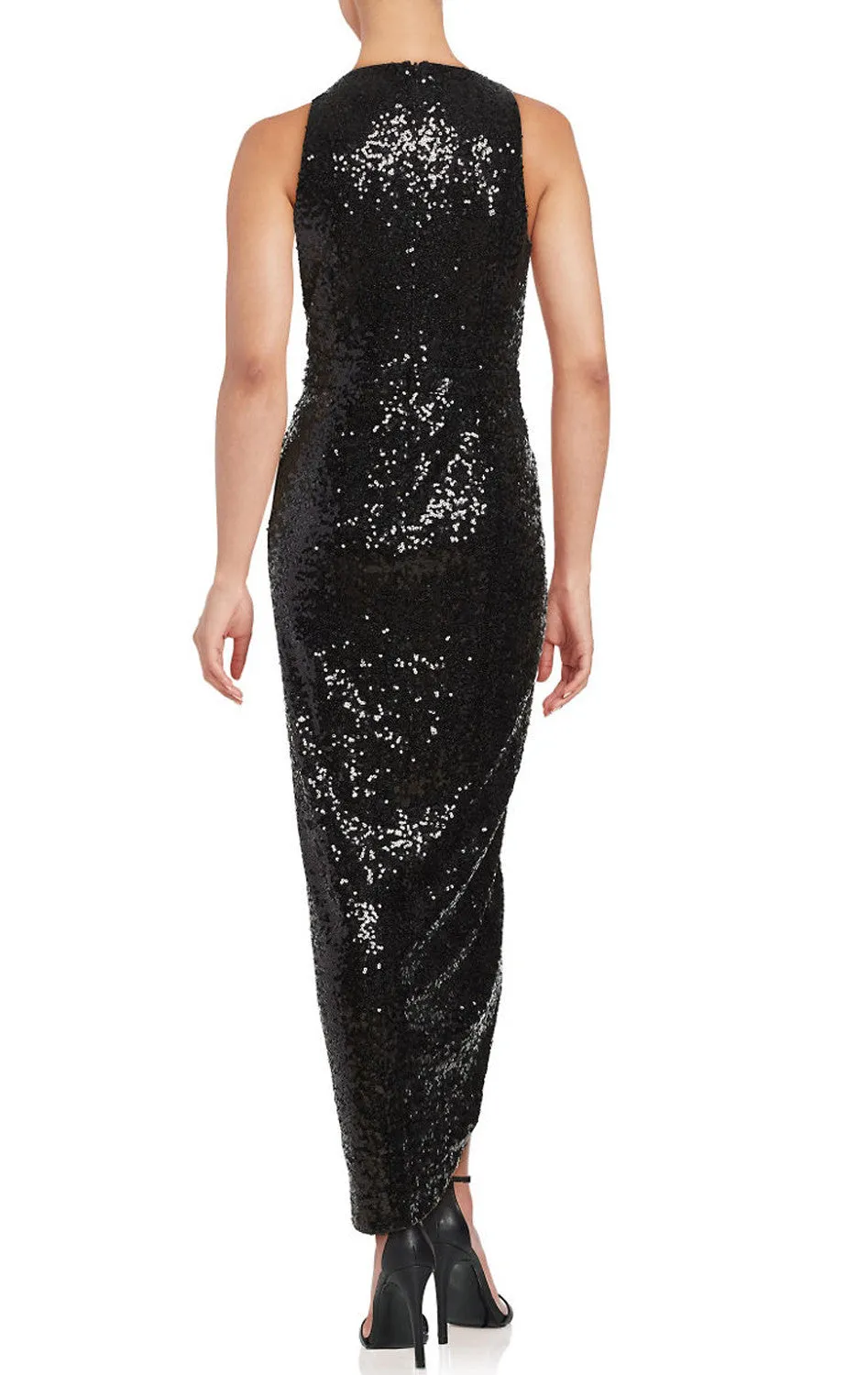 MACloth Straps V Neck Hi-Lo Bridesmaid Dress Sequin Black Evening Formal Gown
