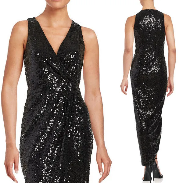 MACloth Straps V Neck Hi-Lo Bridesmaid Dress Sequin Black Evening Formal Gown