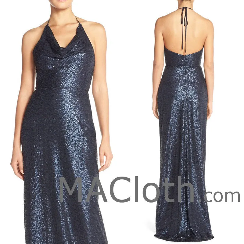 MACloth Women Halter Sequin Long Bridesmaid Dress Wedding Party Evening Gown