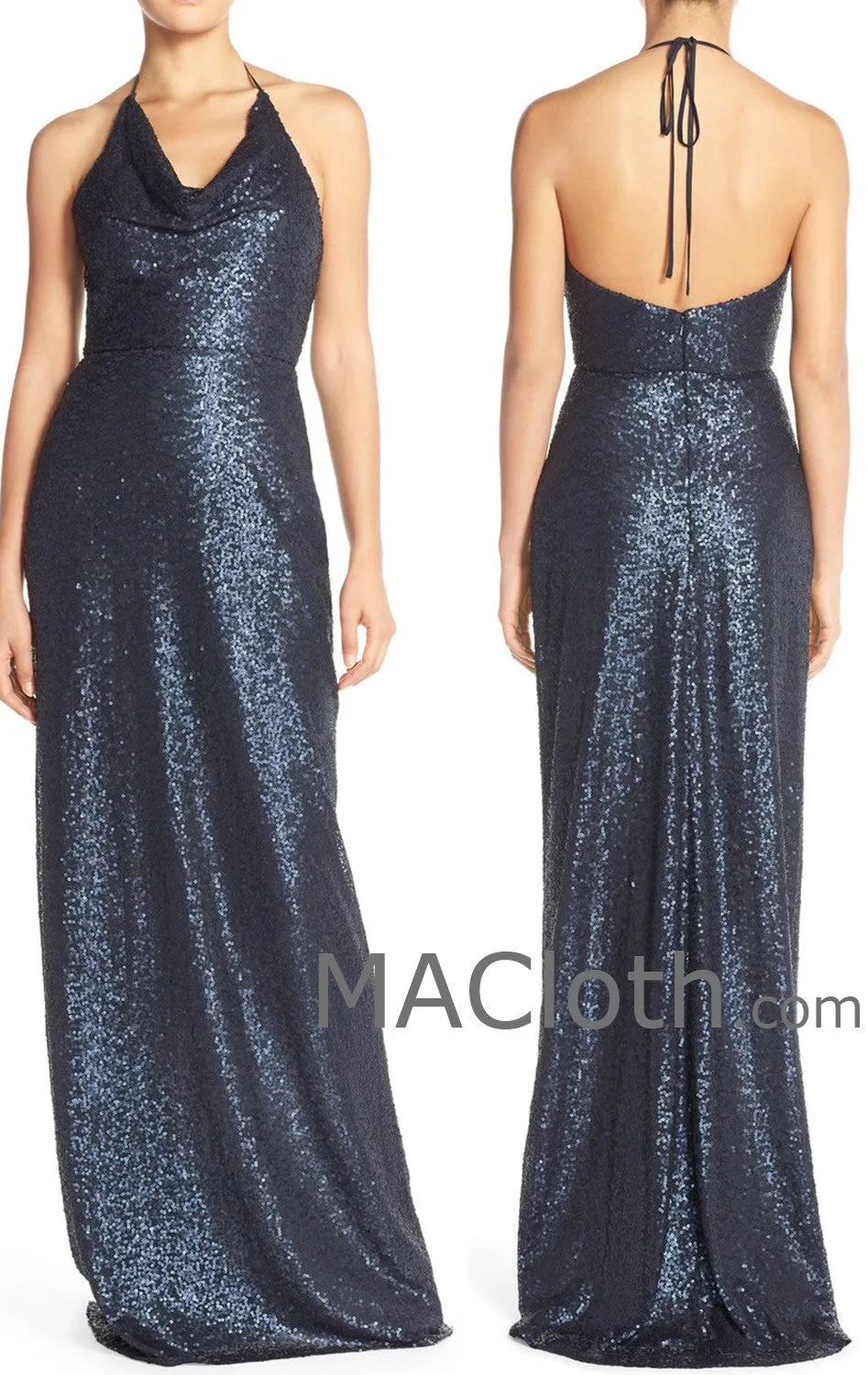 MACloth Women Halter Sequin Long Bridesmaid Dress Wedding Party Evening Gown
