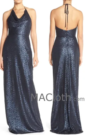 MACloth Women Halter Sequin Long Bridesmaid Dress Wedding Party Evening Gown