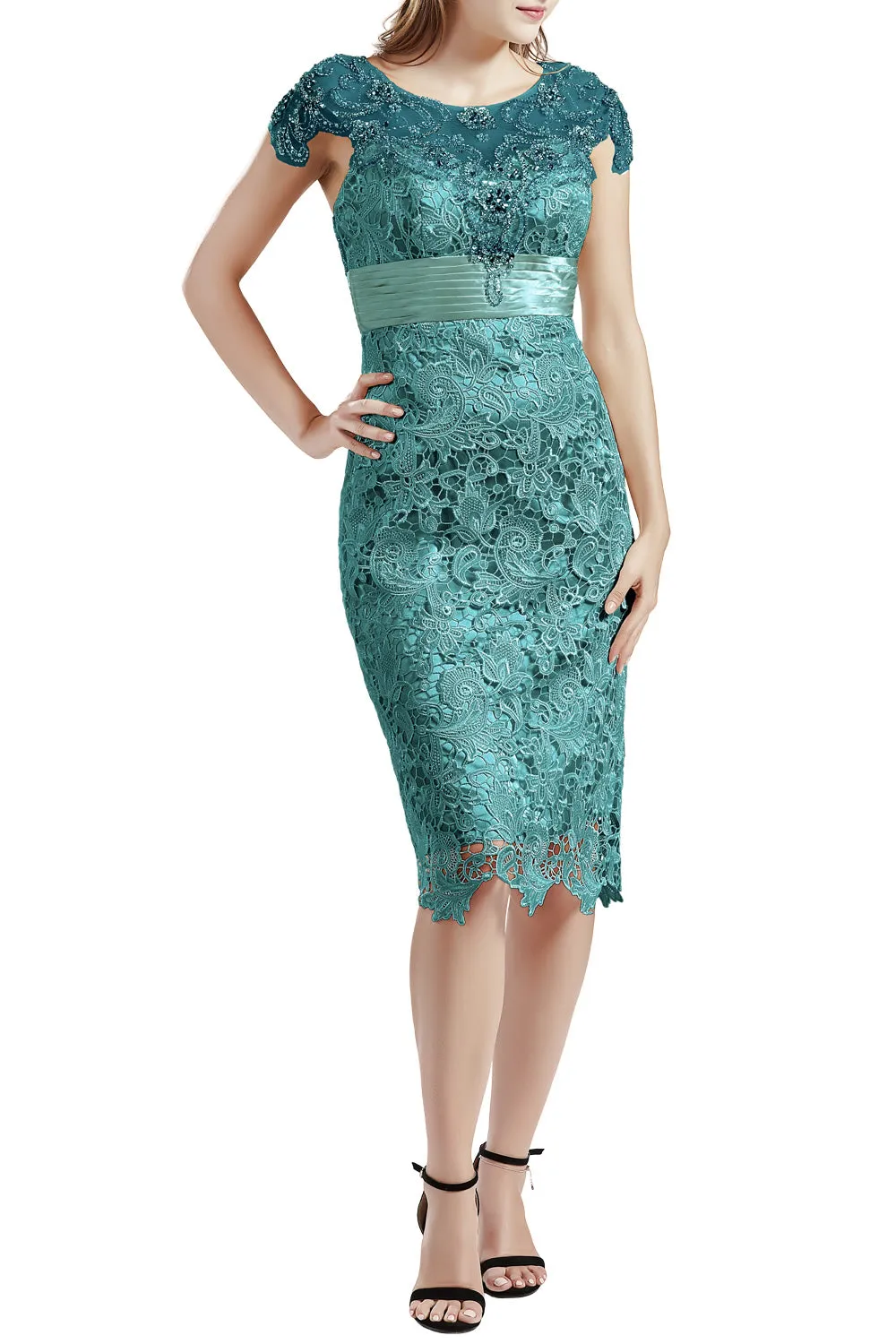 MACloth Women Short Lace Mother Bride Dresses Boat Neck Wedding Evening Attire