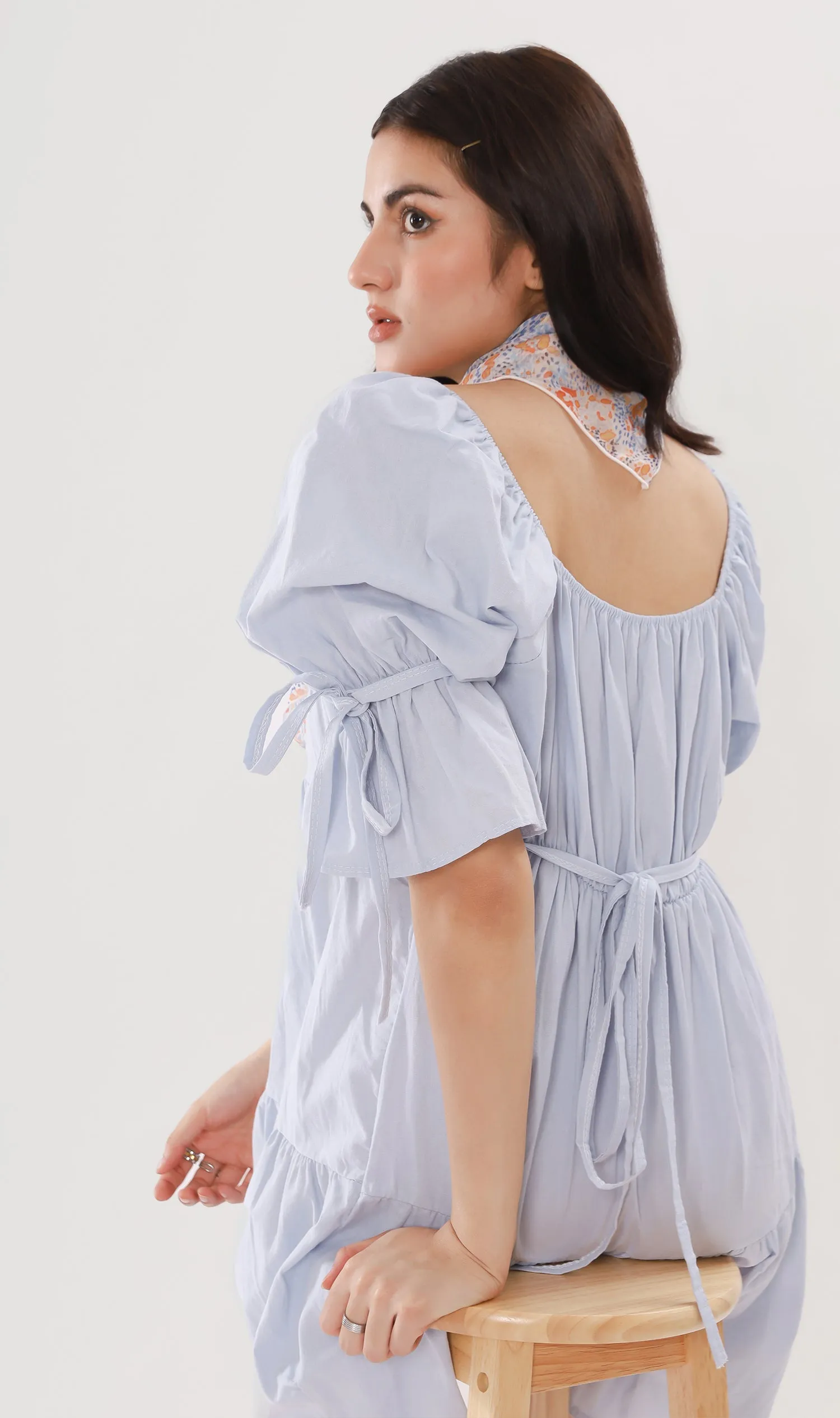 MADILYN Tiered Tie Puff-Sleeve Dress (Powder Blue)