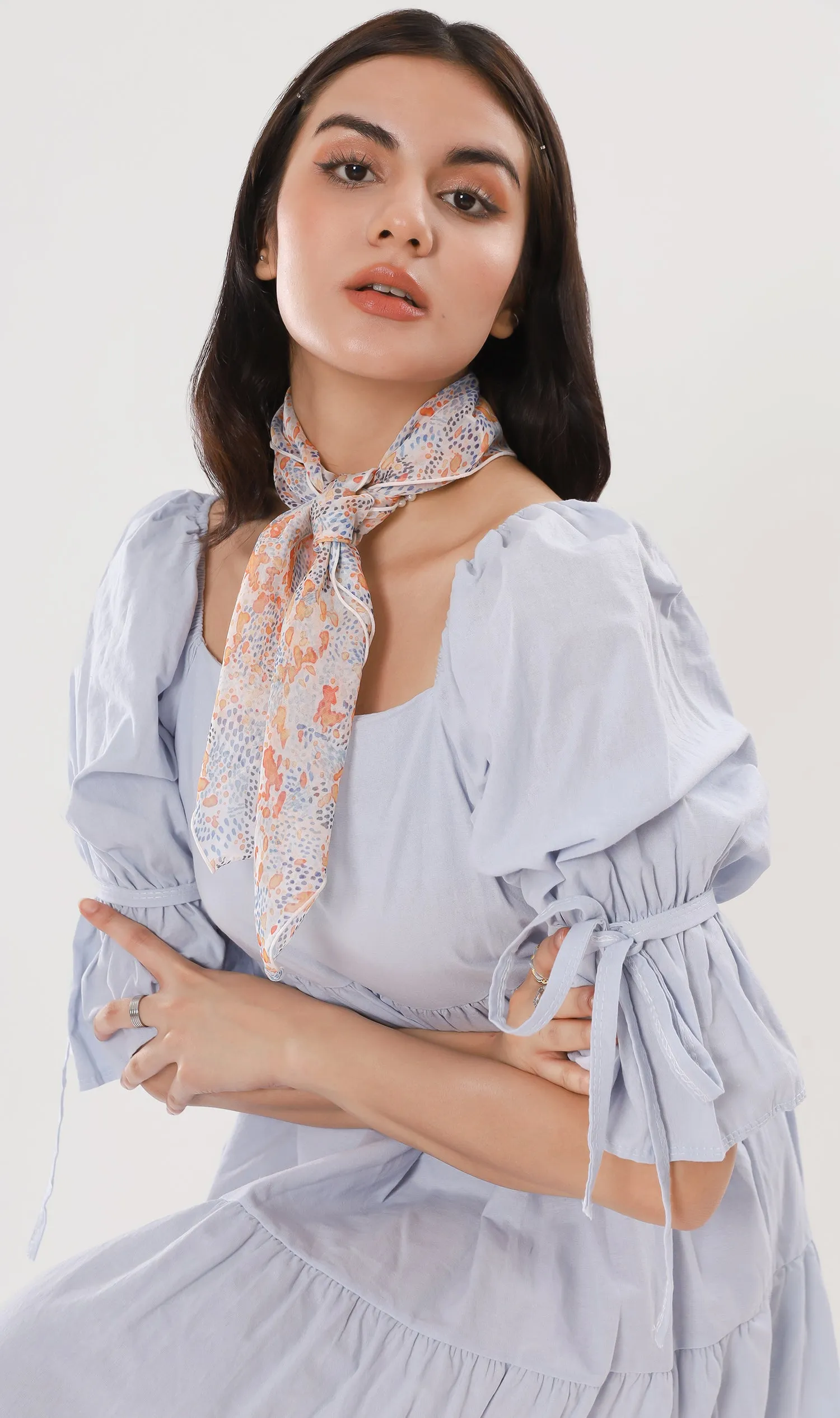 MADILYN Tiered Tie Puff-Sleeve Dress (Powder Blue)