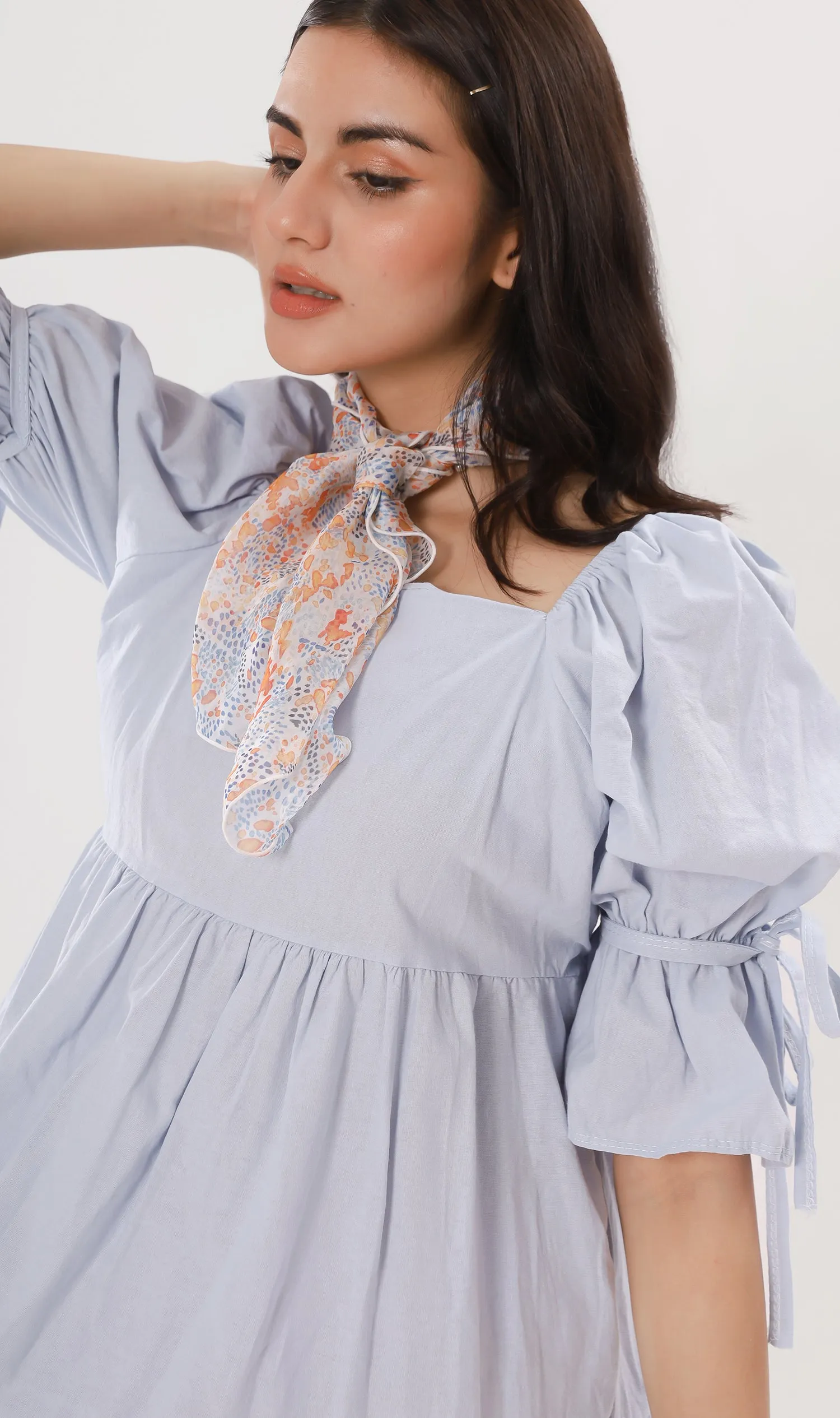 MADILYN Tiered Tie Puff-Sleeve Dress (Powder Blue)