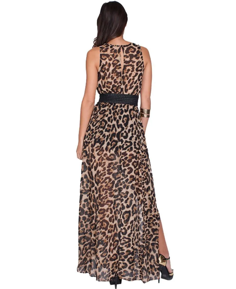 Maxi Dress Sexy High Slit Leopard Print