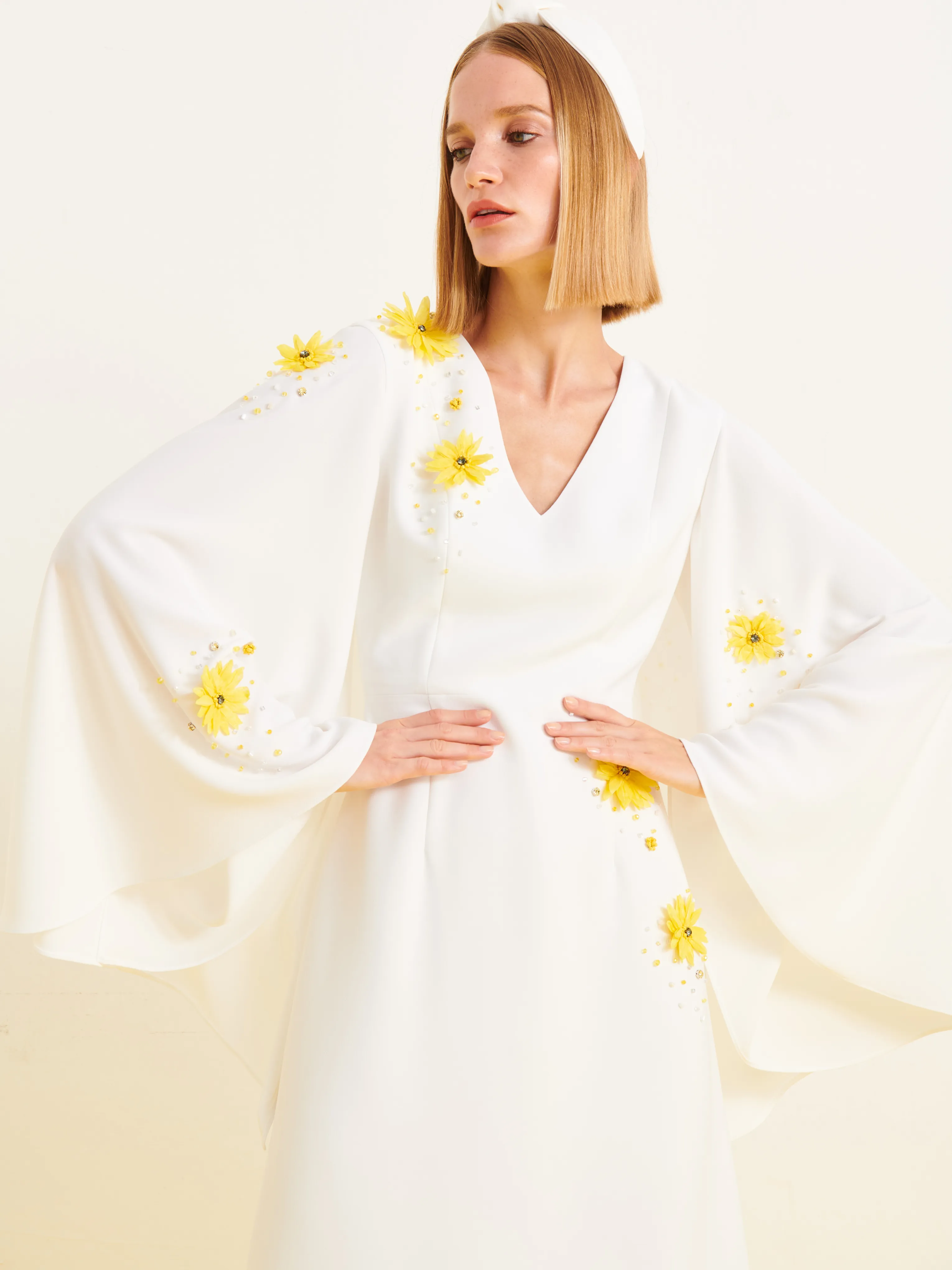 Melek V-Neck Cape Gown in White