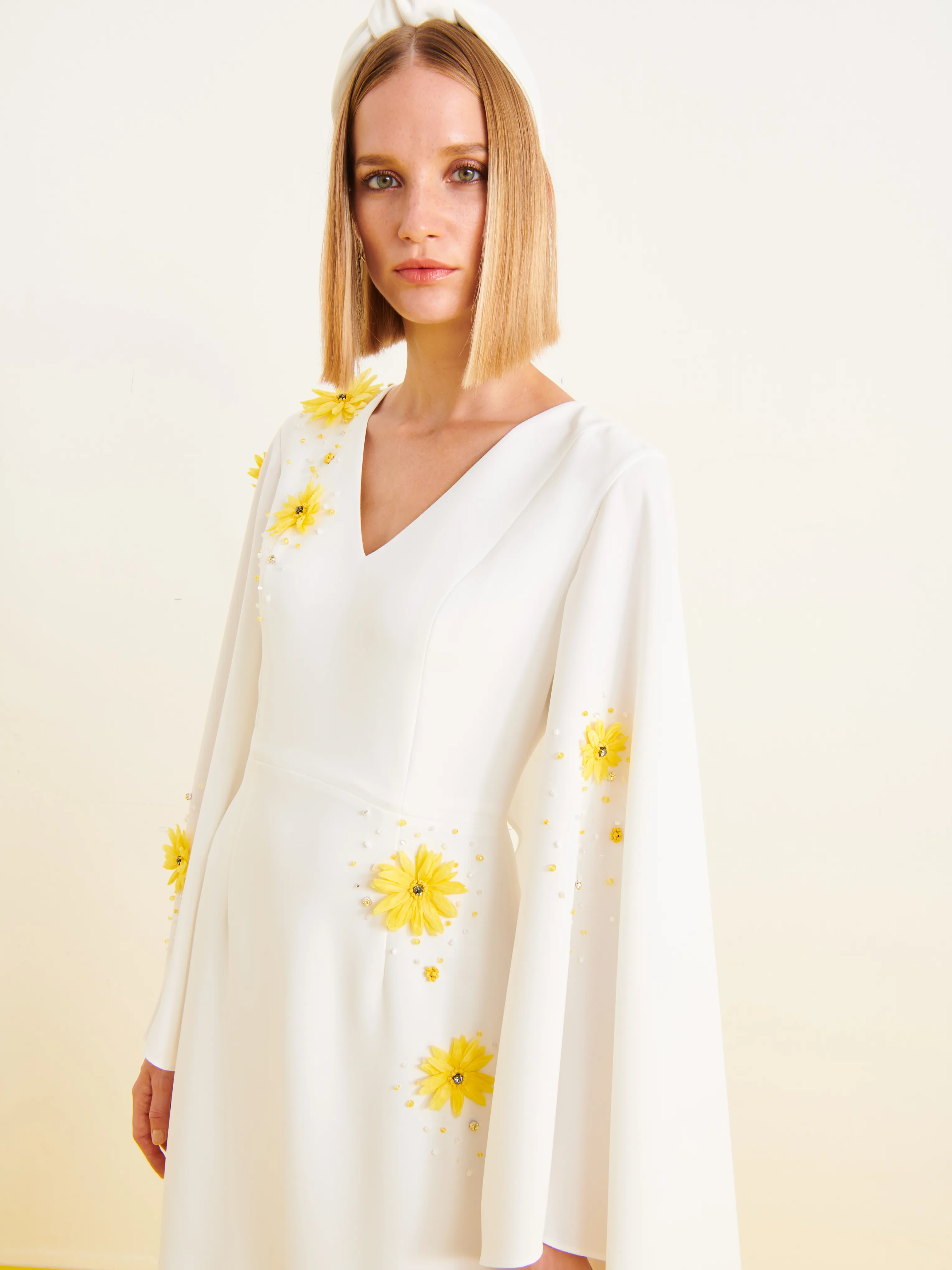 Melek V-Neck Cape Gown in White