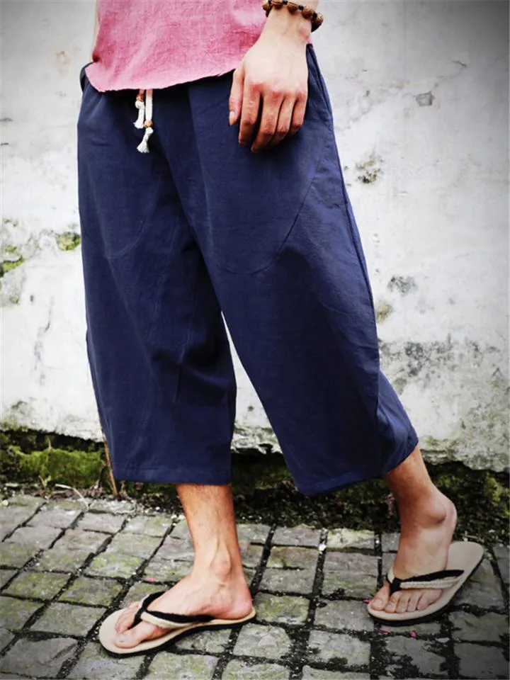 Men’s Casual Linen and Cotton Drawstring Harem Pants