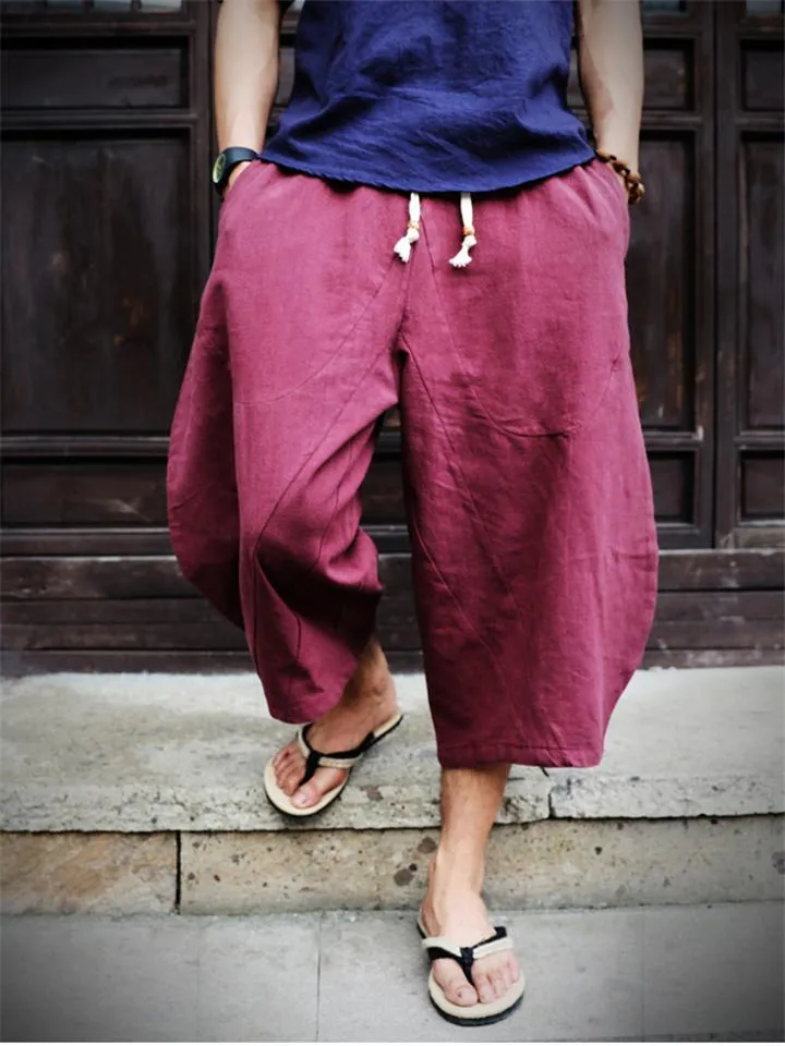 Men’s Casual Linen and Cotton Drawstring Harem Pants