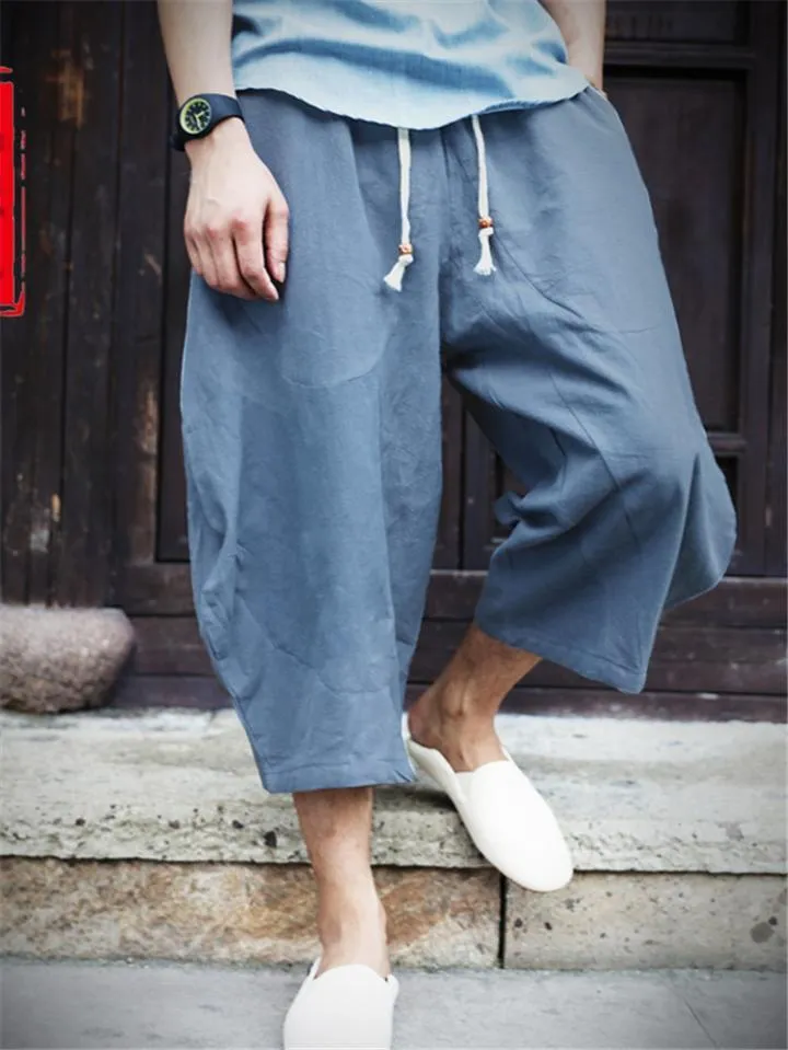 Men’s Casual Linen and Cotton Drawstring Harem Pants