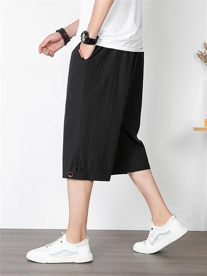 Men's Solid Color Casual Style Loose Straight Cropped Trousers