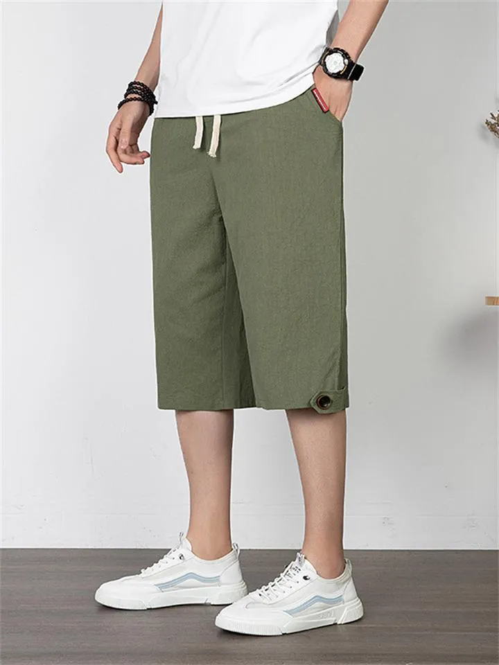 Men's Solid Color Casual Style Loose Straight Cropped Trousers