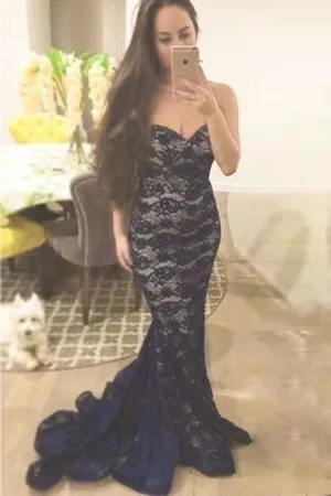 Mermaid Navy Blue Lace Sweetheart Prom Strapless Evening Dress