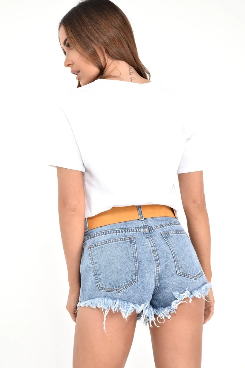 Mid Wash Denim Distressed High Waist Shorts - Kashton