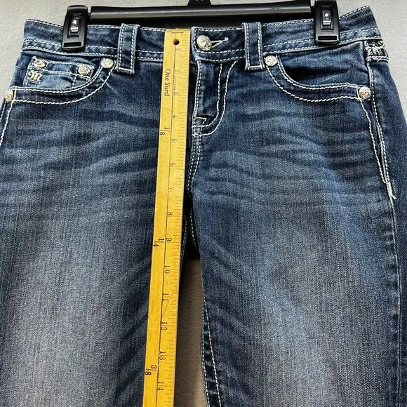 Miss Me Jeans Women's 27 (4) Blue Signature Boot Flower Sequin Pockets Blingy