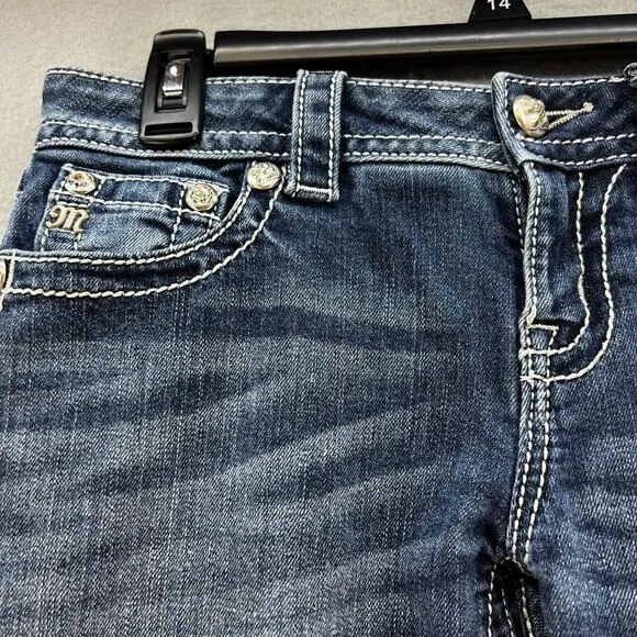 Miss Me Jeans Women's 27 (4) Blue Signature Boot Flower Sequin Pockets Blingy