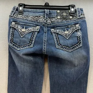 Miss Me Jeans Women's 27 (4) Blue Signature Boot Flower Sequin Pockets Blingy