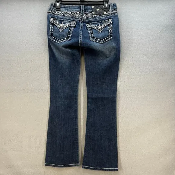 Miss Me Jeans Women's 27 (4) Blue Signature Boot Flower Sequin Pockets Blingy