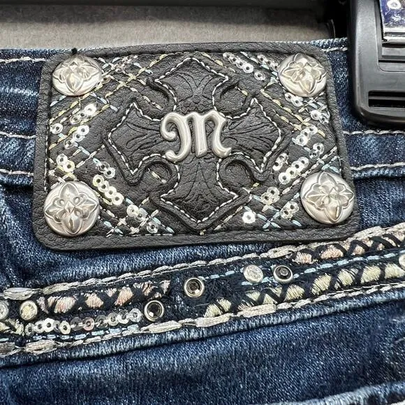 Miss Me Jeans Women's Size 27(4)Signature Boot Crystal Metallic Stitching Bling