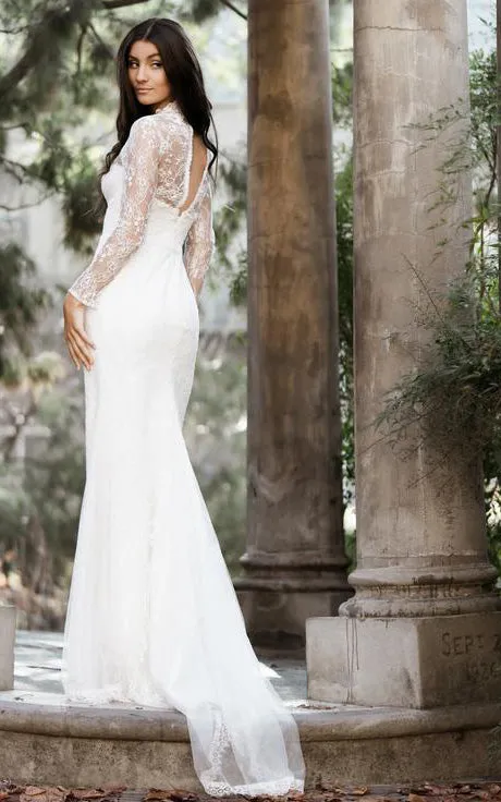Modern High Neck Mermaid Long Sleeve Sweep Train Lace Wedding Dress with Keyhole Back-715903