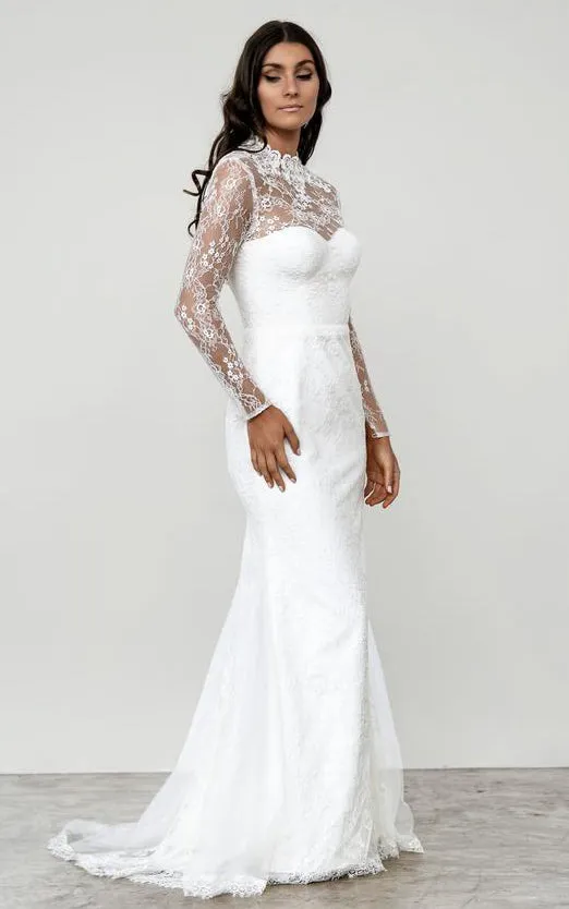 Modern High Neck Mermaid Long Sleeve Sweep Train Lace Wedding Dress with Keyhole Back-715903