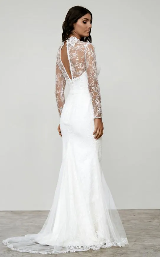 Modern High Neck Mermaid Long Sleeve Sweep Train Lace Wedding Dress with Keyhole Back-715903