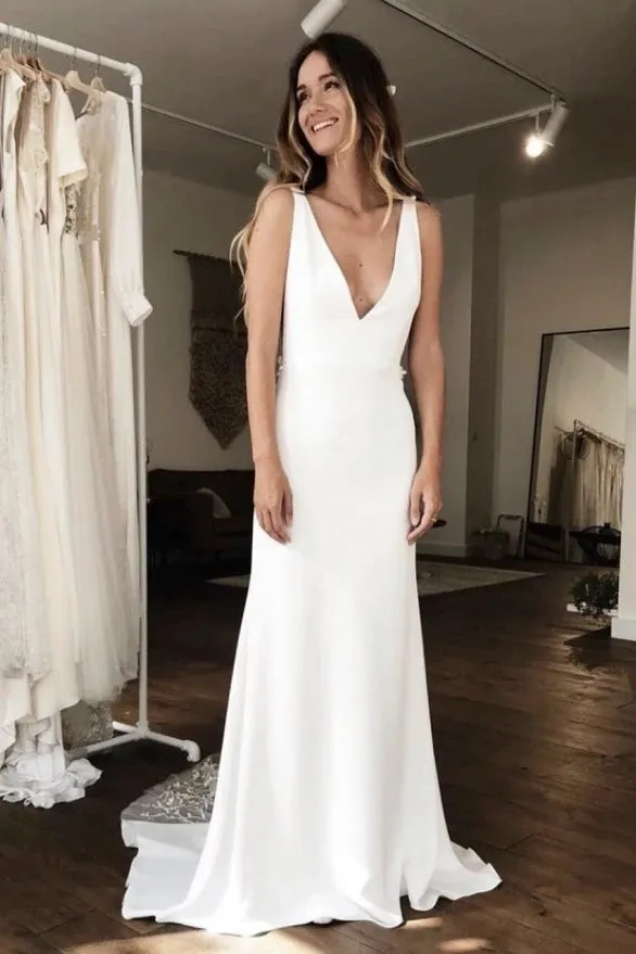 Modern Sleeveless Plunging Stain Wedding Gown With Illusion Deep V-back Details-715711