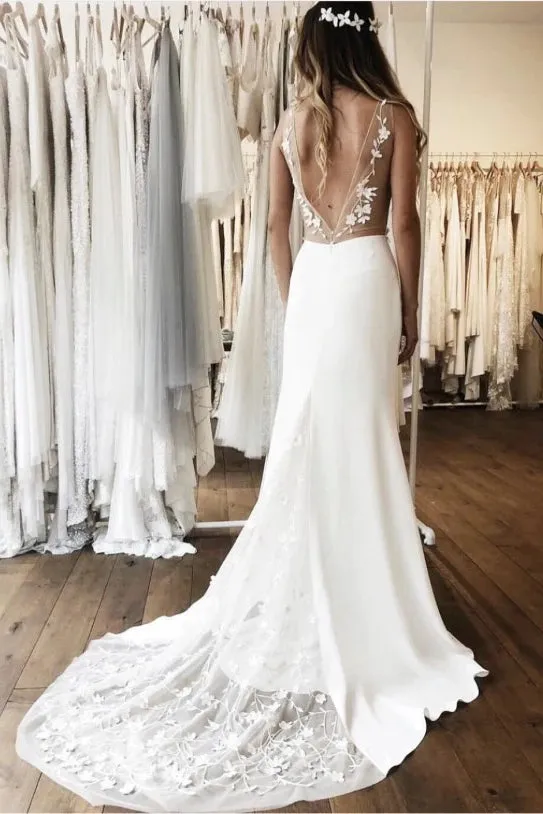 Modern Sleeveless Plunging Stain Wedding Gown With Illusion Deep V-back Details-715711