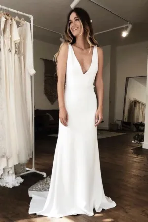 Modern Sleeveless Plunging Stain Wedding Gown With Illusion Deep V-back Details-715711