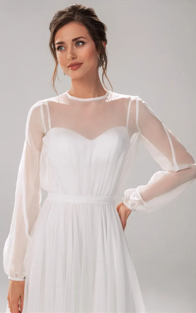 Modest A Line Jewel Chiffon Long Sleeve Wedding Dress with Train-716373