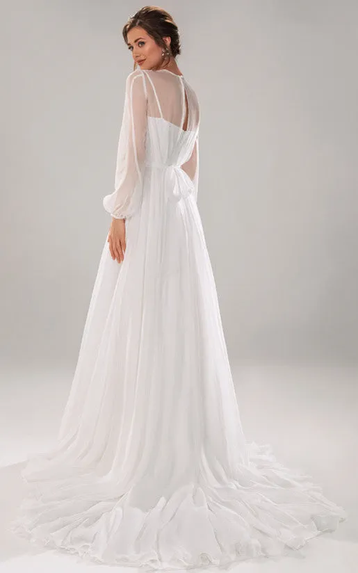 Modest A Line Jewel Chiffon Long Sleeve Wedding Dress with Train-716373