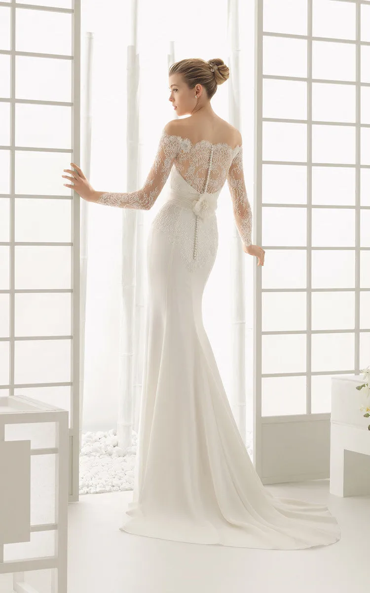 Modest Floral Off-the-Shoulder Boho Lace Wedding Dress Flowy Romantic Sweetheart Fit and Flare Reception Bridal Gown with Appliques